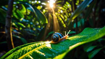 Snail Crawling on Leaf in Forest with Sunlight Streaming Through Trees photo