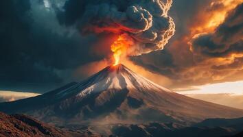 Dramatic Volcanic Eruption with Smoke and Ash Against a Cloudy Sky photo