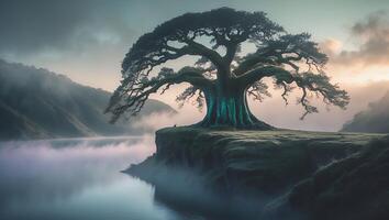Lone Tree on Cliff Overlooking Foggy Lake at Sunrise Nature Scene photo