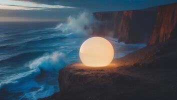 Glowing Sphere on Cliff Edge Overlooking Crashing Ocean Waves Landscape photo