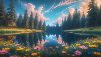 Reflecting Lake Surrounded by Forest and Wildflowers Landscape Scenery photo