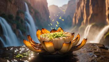 Exotic Food Art Arrangement with Waterfall Backdrop and Natural Light photo