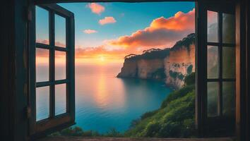 Viewing Coastal Sunset From Window Overlooking Cliffs and Ocean photo