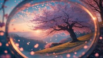 Cherry Blossom Tree in Bloom at Sunset Through Glass Ball photo
