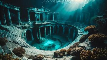 Exploring Ancient Underwater Ruins with Coral and Sunlit Water photo