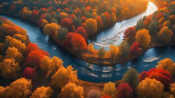 River Flowing Through Autumn Forest with Colorful Trees From Above photo