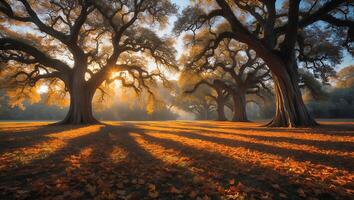 Autumn Trees Casting Long Shadows on Fallen Leaves in Golden Light photo