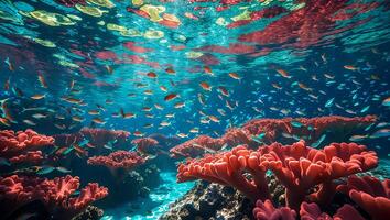 Underwater Coral Reef with Colorful Fish Swimming and Sunlight Reflection photo