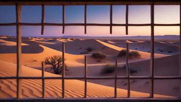 Desert Landscape Seen Through a Window at Sunset with Dunes photo