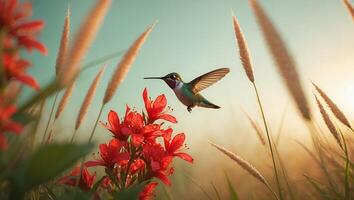 Hummingbird Flying Near Red Flower in Golden Meadow Environment photo