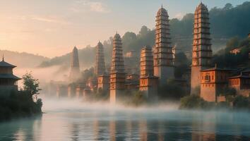 Pagodas Rising Above Misty River During Sunrise in Rural Setting photo