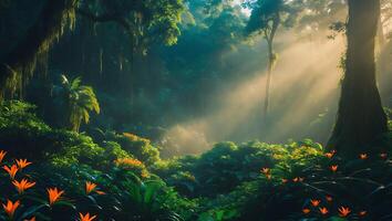 Sunlight Filtering Through Dense Tropical Forest with Lush Vegetation photo
