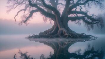 Lone Tree Reflection in Misty Water Landscape at Peaceful Dawn photo