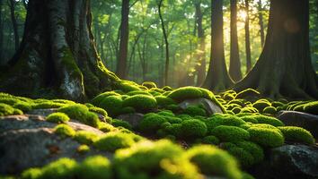 Sunlight Streams Through Forest Canopy Illuminating Mossy Rocks Ground Level photo