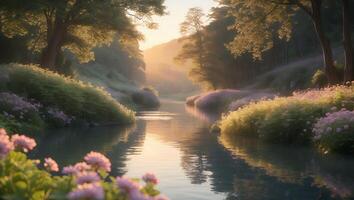River Flowing Through Lush Green Landscape at Sunrise with Flowers photo
