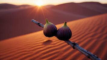 Figs on Branch at Desert Sunset with Warm Light and Dunes photo