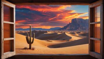 Viewing Desert Sunset with Cactus and Sand Dunes Through Window photo