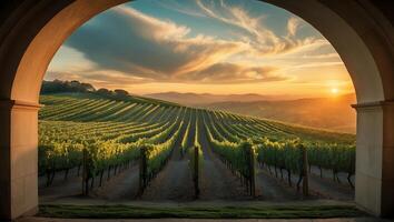 Vineyard Landscape Through Archway at Sunset with Rows of Grapevines photo