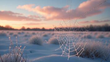 Icy Spiderweb in Winter Landscape at Sunrise with Soft Light photo