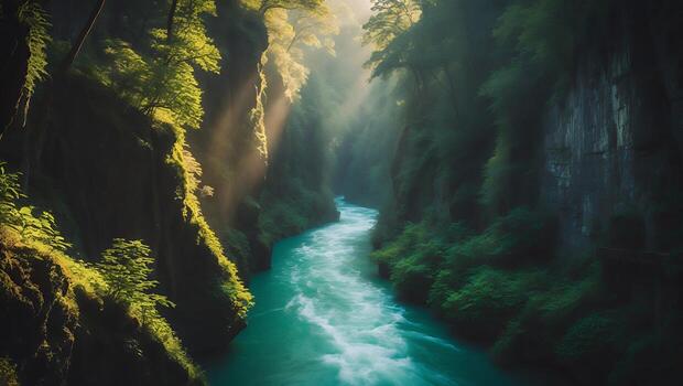 River Flowing Through Forest Canyon with Sun Rays and Greenery photo