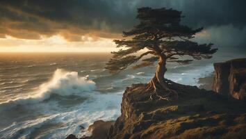 Lone Tree Standing on Cliff Edge Overlooking Stormy Ocean at Sunset photo