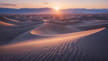 Desert Sand Dunes at Sunset with Mountains in the Distance photo