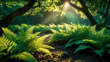 Ferns Line Forest Path with Sunlight Streaming Through Trees Above photo