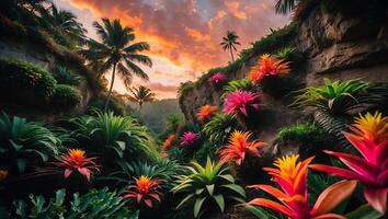 Tropical Plant Landscape with Palm Trees at Colorful Sunset photo