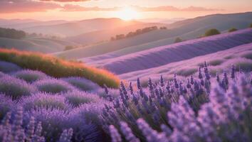 Lavender Field Blooming at Sunset Over Rolling Hills Scenery photo