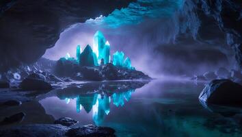 Glowing Crystals Reflected in Cave Lake Creating Magical Environment photo