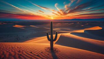 Standing Cactus Silhouette at Desert Sunset with Colorful Sky photo