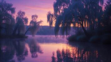 Reflecting Trees at Lake at Sunset with Colorful Sky and Mist photo
