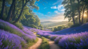 Lavender Field Path Leading to Distant Hills with Birds Flying photo