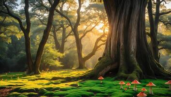 Sunlit Forest Glade with Mossy Ground and Toadstools photo
