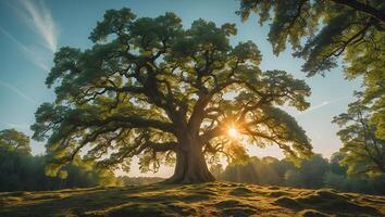 Majestic Tree Silhouette at Sunset with Sunlight Streaming Through Branches photo