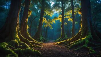 Walking Path Through a Forest with Sunlight and Green Moss photo