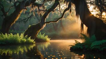 Swamp Landscape with Trees and Moss at Golden Hour Reflecting in Water photo