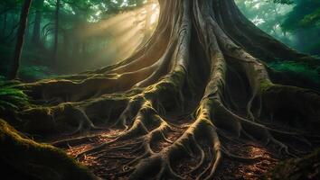 Giant Tree Roots Spreading in Forest with Sun Rays Shining Through photo