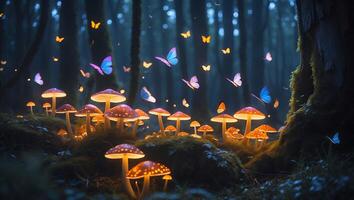 Glowing Mushrooms and Flying Butterflies in Mysterious Forest Ambiance photo