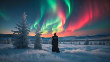 Woman Gazing at Aurora Borealis in Snowy Winter Landscape photo