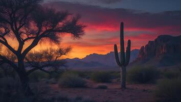 Cactus Standing Tall in Desert Landscape with Fiery Sunset Sky photo