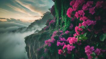 Cliffside Flowers Overlooking Foggy Valley with Sunrise Clouds photo