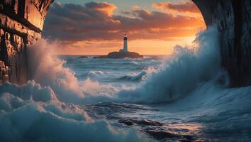 Lighthouse at Sea Breaking Waves on Rocks Under Sunset Sky photo