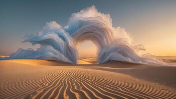 Desert Landscape Featuring Sand Dunes with Fabric Archway at Sunset photo