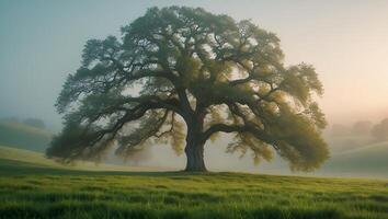 Solitary Tree Standing Tall in a Peaceful Foggy Grassy Field photo
