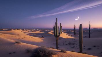 Cactus in Desert Landscape at Dusk with Crescent Moon Scenery photo