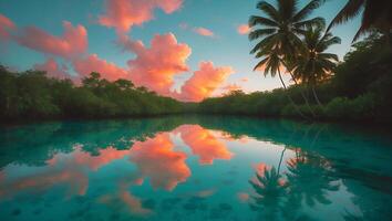 Calm Tropical Lagoon at Sunset Reflecting Pink Clouds and Palm Trees photo