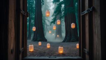 Luminous Lanterns in Forest Viewed Through Open Wooden Door photo