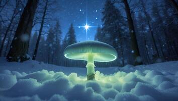 Glowing Mushroom in Snowy Winter Forest with Starry Night Sky photo
