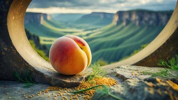 Peach Still Life with Landscape View and Dill Accents photo